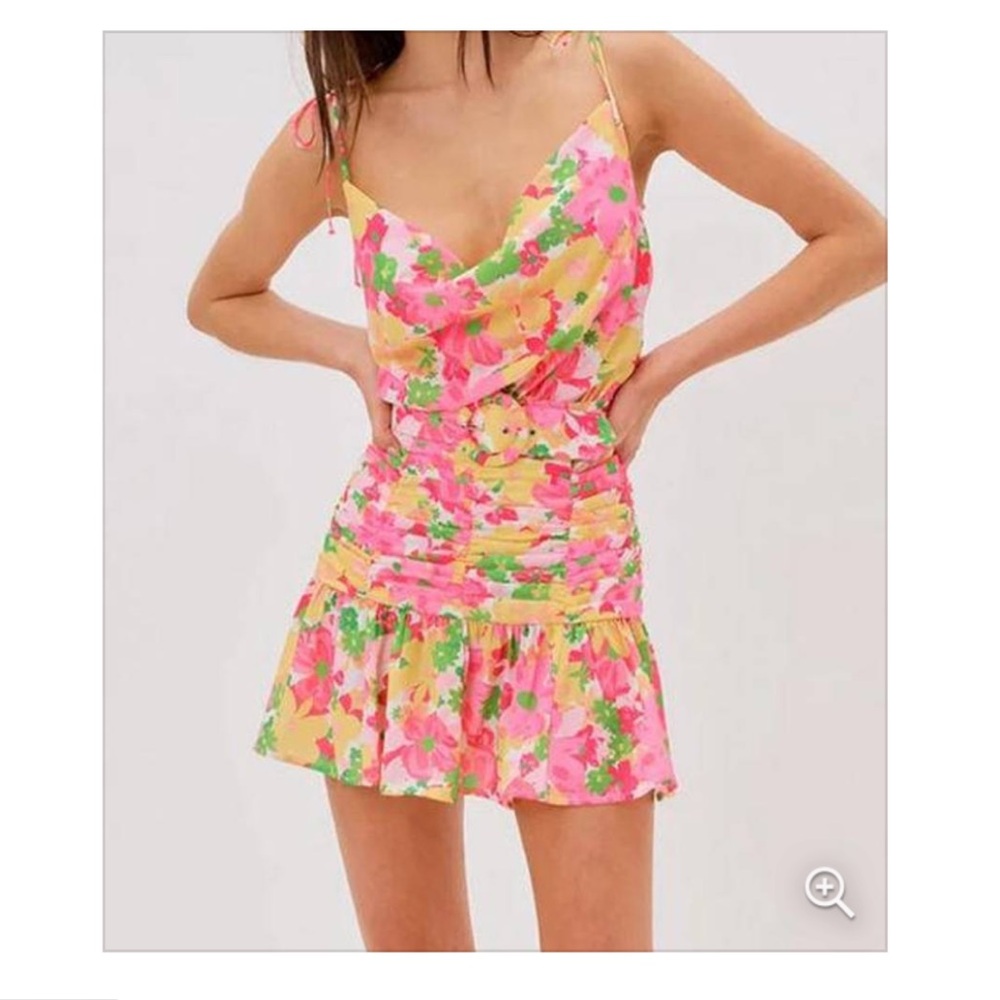 For Love & Lemons Miranda Mini Dress Neon Floral Cowl Neck Ruched Skirt Small